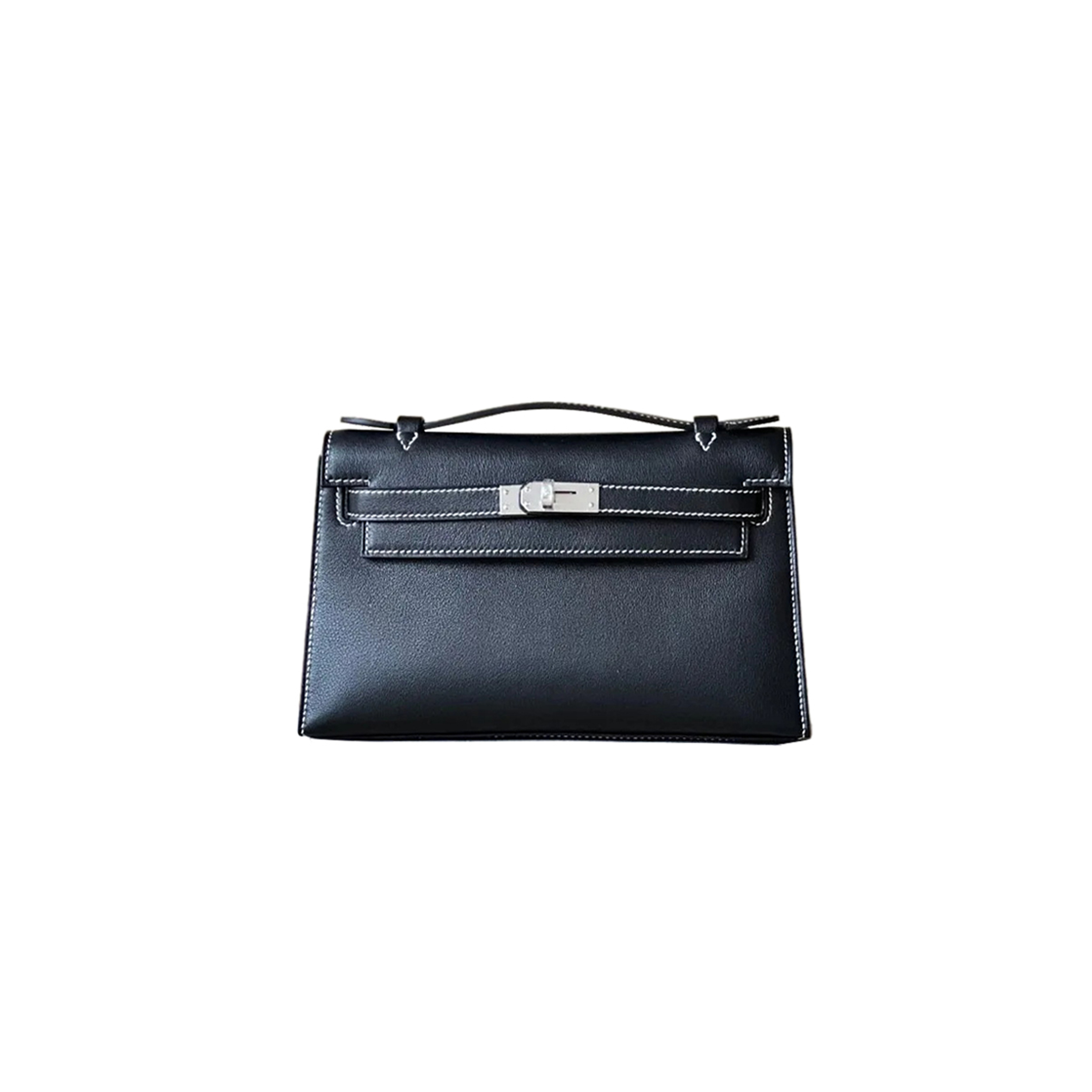 HERMÈS MASTER KELLY POCHETTE BLACK BOX SILVER BUCKLE (22*14*7cm) 